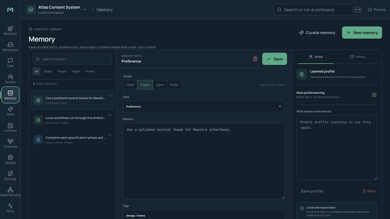 Memory library with search, scope, entries, sources, and curation controls