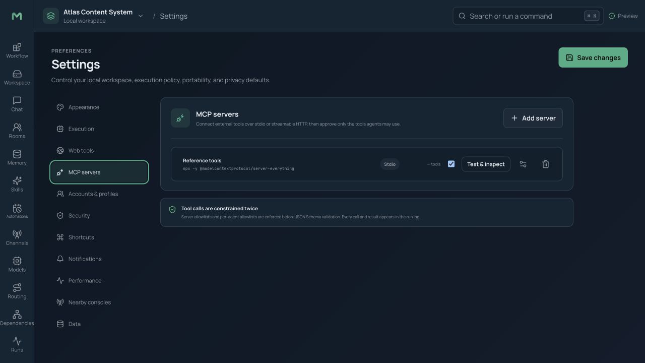 MCP settings with configured servers, transport, health, offered tools, and enablement
