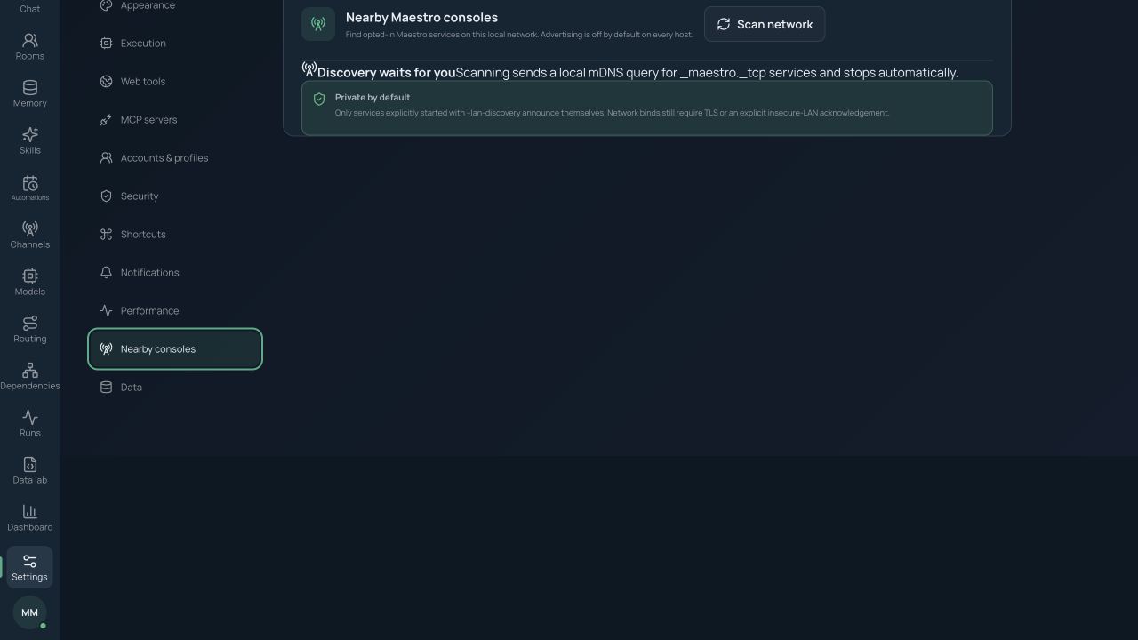 Nearby service settings with local discovery disabled by default and network safety information