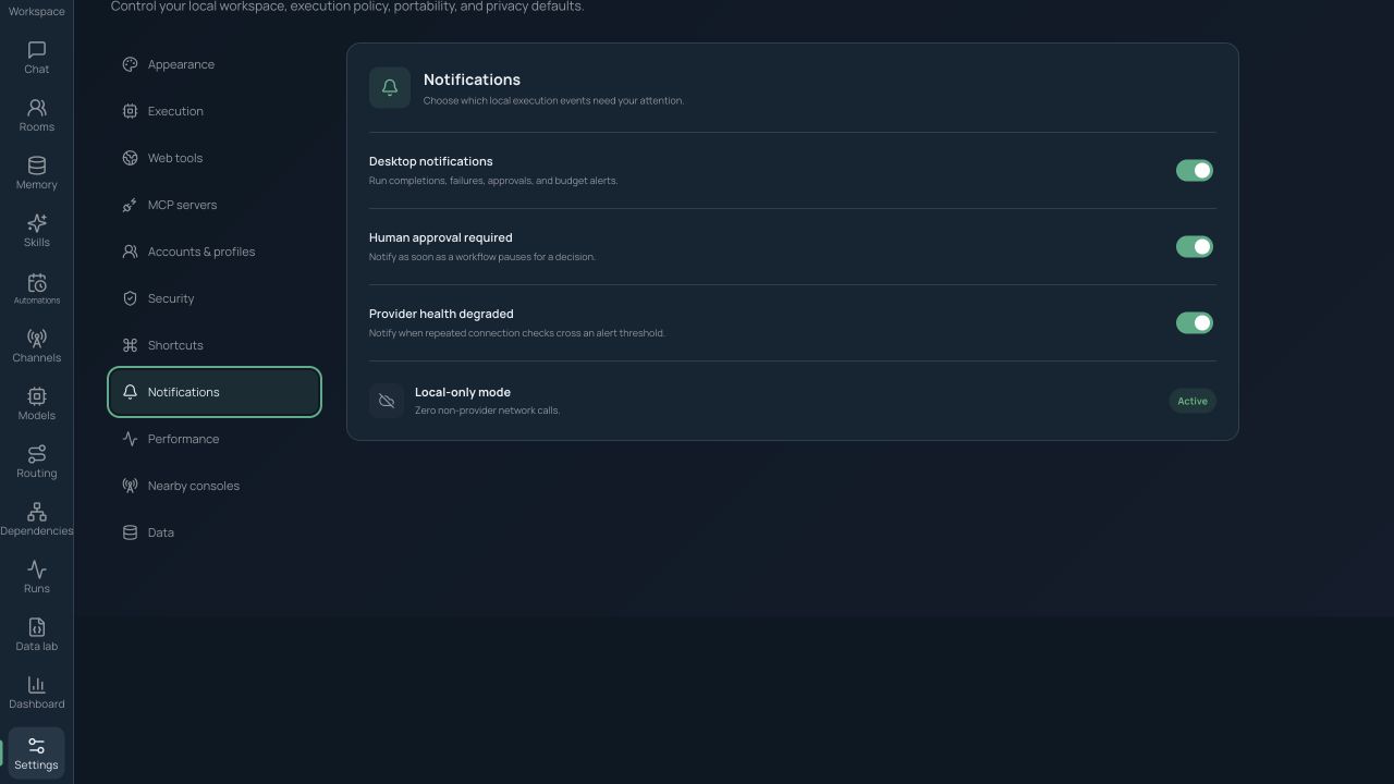 Notification settings for runs, approvals, budgets, service health, automations, and updates