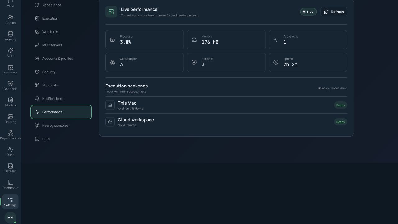 Performance settings with runtime health, workload, queue, and execution-backend status