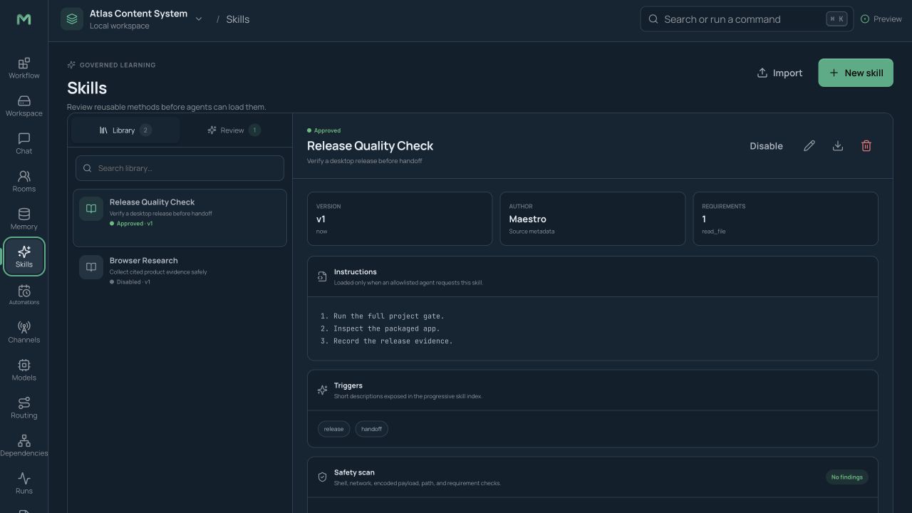 Skills library and review queue showing enabled, draft, and versioned skills