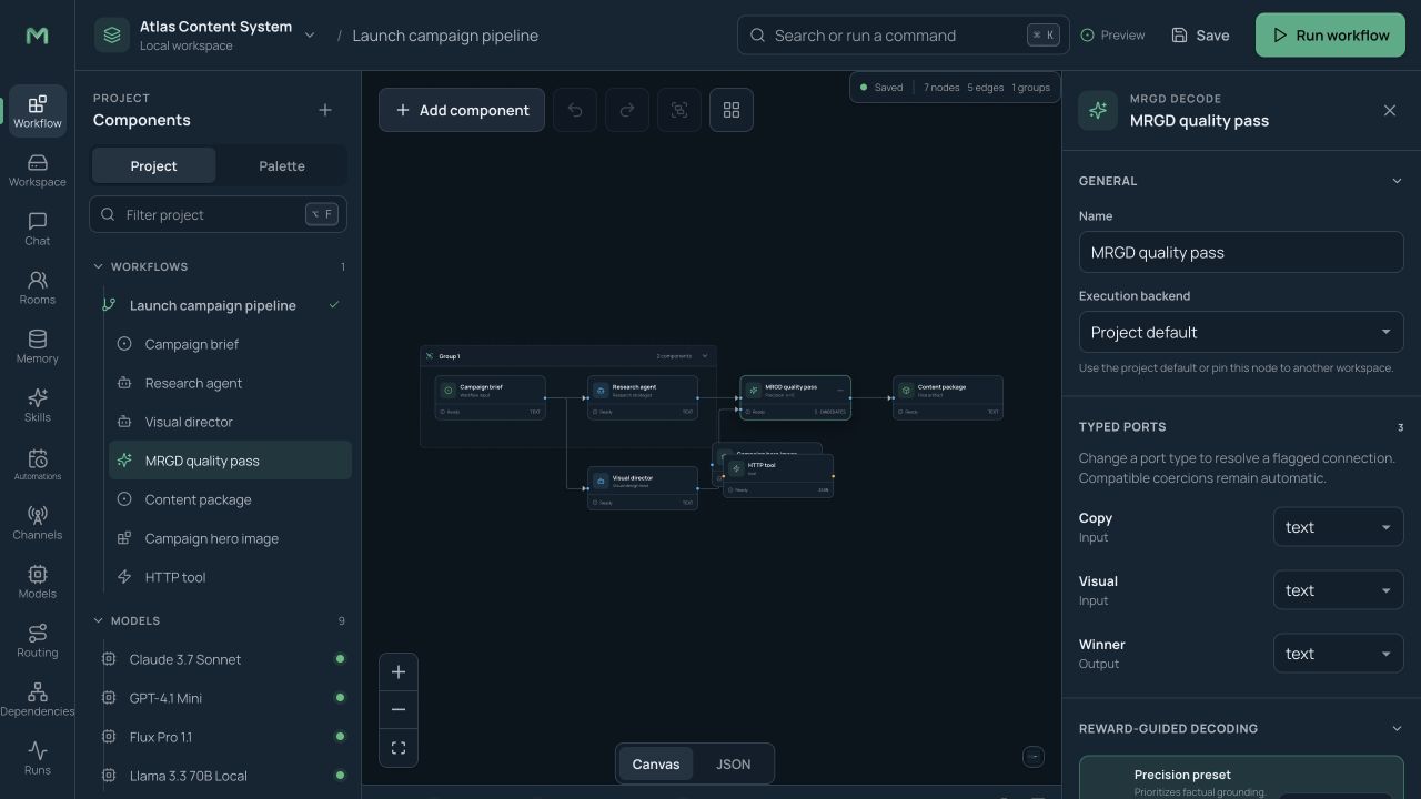 Maestro workflow editor showing the component tree, visual canvas, activity panel, and node inspector